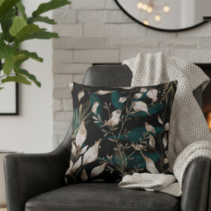 Coussin Jardin de minuit : Feuilles Whimsical foncé avec o