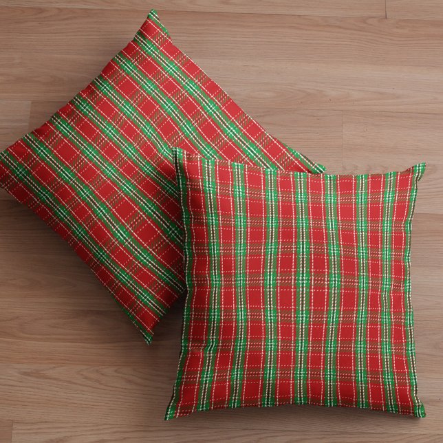 Coussin Jardin de Noël rouge et vert (Classic red and green holiday plaid pattern throw pillow)