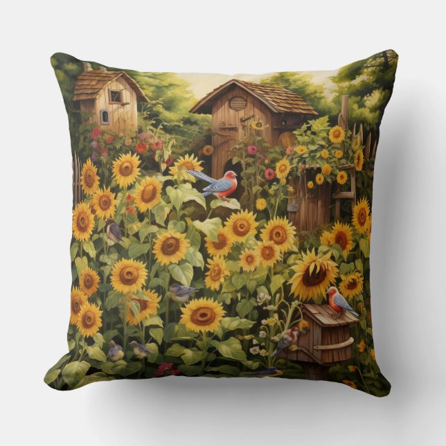 Coussin Jardin de tournesol 12 Maisons d'oiseaux Oiseaux b (Recto)