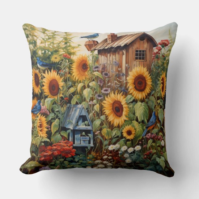Coussin Jardin de tournesol 3 Maisons d'oiseaux Oiseaux bl (Recto)