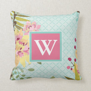 Coussin Jardin floral du monogramme  , arrière - plan bleu