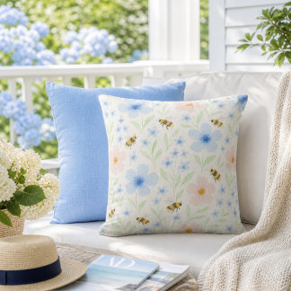 Coussin Jardin Floral Fleurs Bleues Roses avec Abeilles