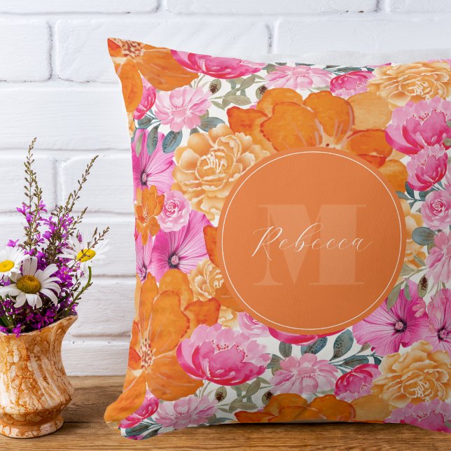 Coussin Jardin floral rose et orange vibre Nom personnalis (Créateur téléchargé)