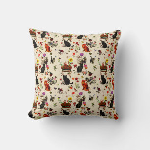 Coussin Jardin floral Vintage Orange Black Cats