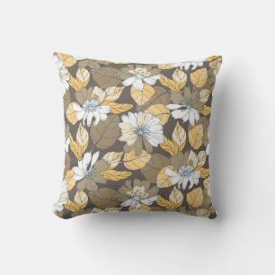 Coussin Jaune Brun Vintage Feuilles Florales Dessinées à l