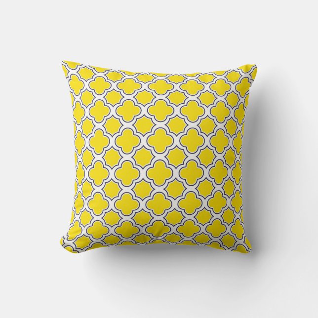 Coussin Jaune de motif de Quatrefoil et bleu marine (Recto)
