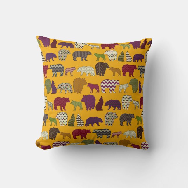 Coussin jaune de partie de geo de loup d'ours (Recto)
