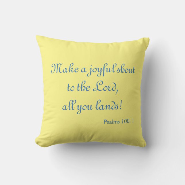 Coussin Jaune et Bleu scripturaire Faites un cri joyeux (Recto)