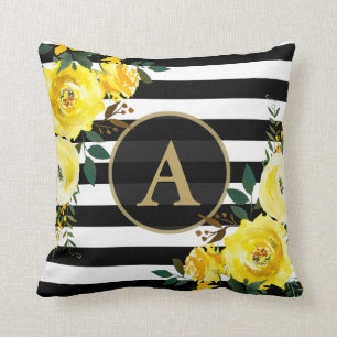 Coussin JAUNE FLORALE OR Monogramme noir blanc bande