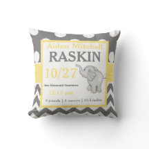 Coussin jaune gris de faire-part de bébé