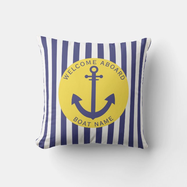 Coussin Jaune Marine Bleu Stripe Nom du bateau Ancre Nauti (Recto)