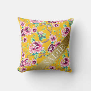 Coussin Jaune Moutarde Rose Floral Or Personnalisé