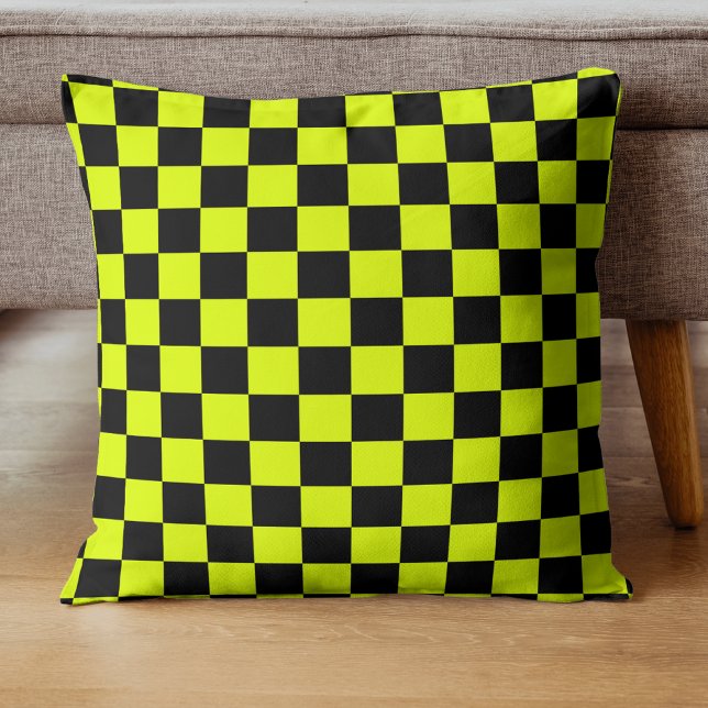 Coussin Jaune Neon Jaune Noir À damiers Checkboard Vintage (Créateur téléchargé)