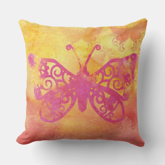 Coussin Jaune orange Handpaint de rose de papillon (Recto)