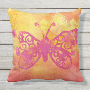 Coussin Jaune orange Handpaint de rose de papillon