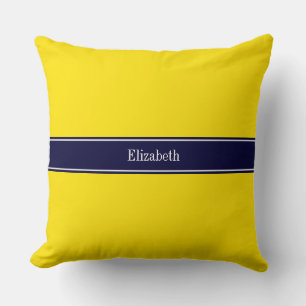 Coussin Jaune Uni, Ruban Bleu Marine Monogramme Nom