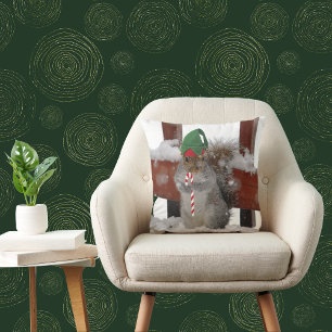 Coussin Jaunty Elf Squirrel in the Snow Square Pillow