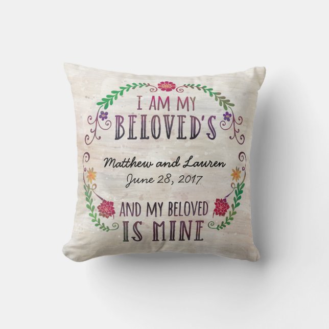Coussin Je suis mon aimé, aquarelle de date de mariage (Recto)