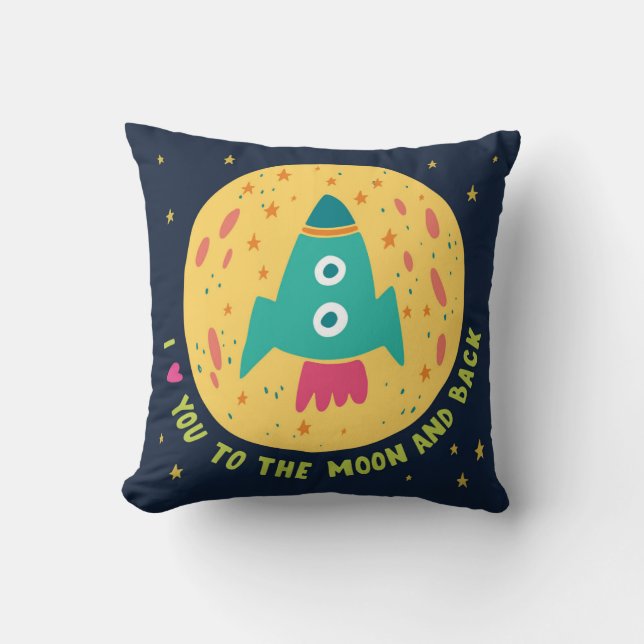 Coussin Je t'aime à la lune et au Rocketship arrière (Recto)