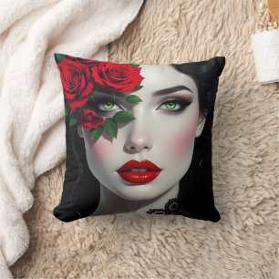 Coussin Je t'aime   Belle femme avec rose rouge