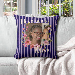 Coussin Je t'aime maman Indigo Bleu Lavande Floral Photo