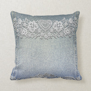 Coussin Jean en Denim Bleu et Dentelle Blanche en Forme de