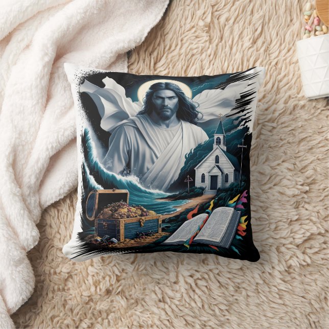 Coussin Jésus au milieu des vagues et du trésor près d'une (Couverture)