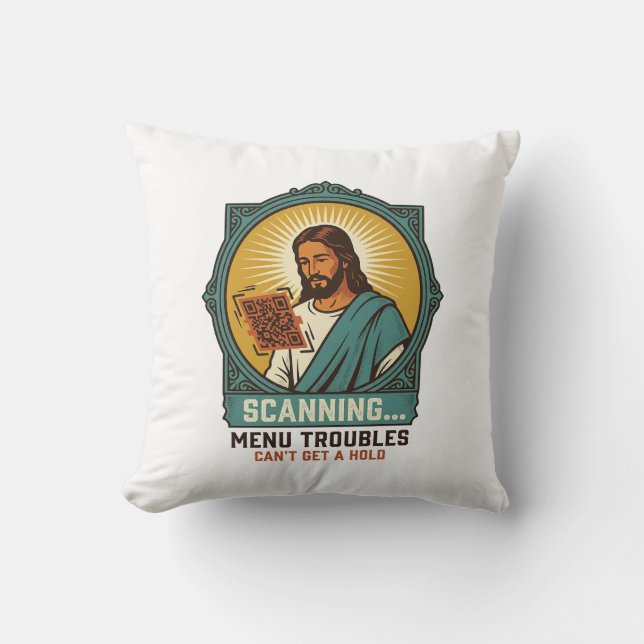 Coussin Jésus Code QR flou ne scannera pas Menu Humour Tec (Recto)