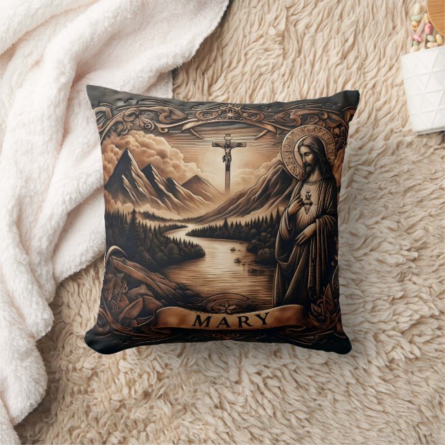 Coussin Jésus et Marie au bord d'une rivière avec des mont (Couverture)