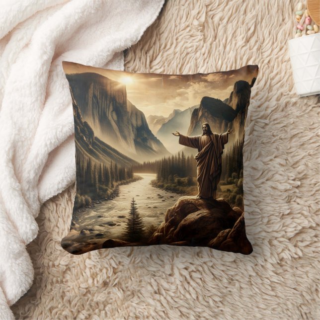 Coussin Jésus Surplombant le paysage majestueux de la mont (Couverture)
