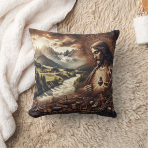 Coussin Jesus Vue sur un paysage de montagne serein