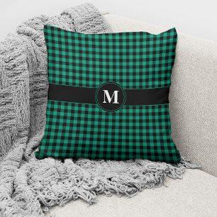 Coussin Jeté à motif gingham vert et noir avec monogramme