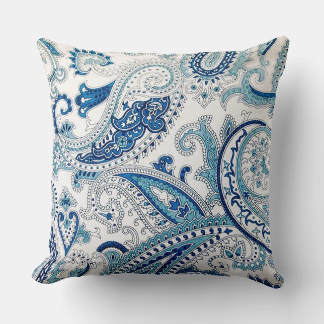 Coussin jeté bleu à motifs Paisley (Recto)