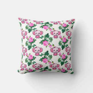 Coussin jeté floral rose éléphant bébé fille migno