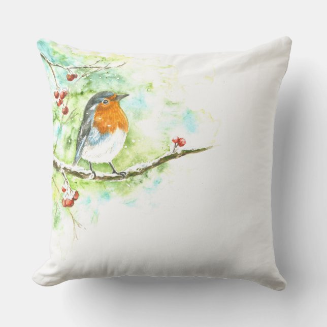 Coussin Jeter l'oreiller avec l'aquarelle Robin (Recto)