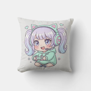 Coussin Jeter l'oreiller - Enthousiaste Chibi Gamer Girl