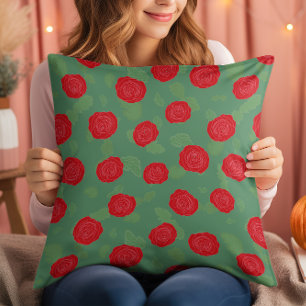 Coussin Jetez De L'Oreiller, Vert Avec Des Roses Rouges. C