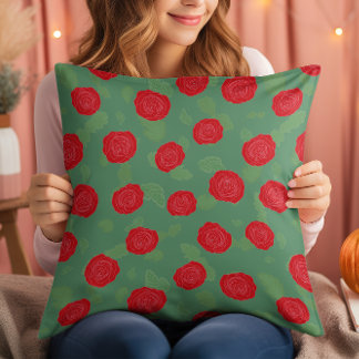 Coussin Jetez De L'Oreiller, Vert Avec Des Roses Rouges. C
