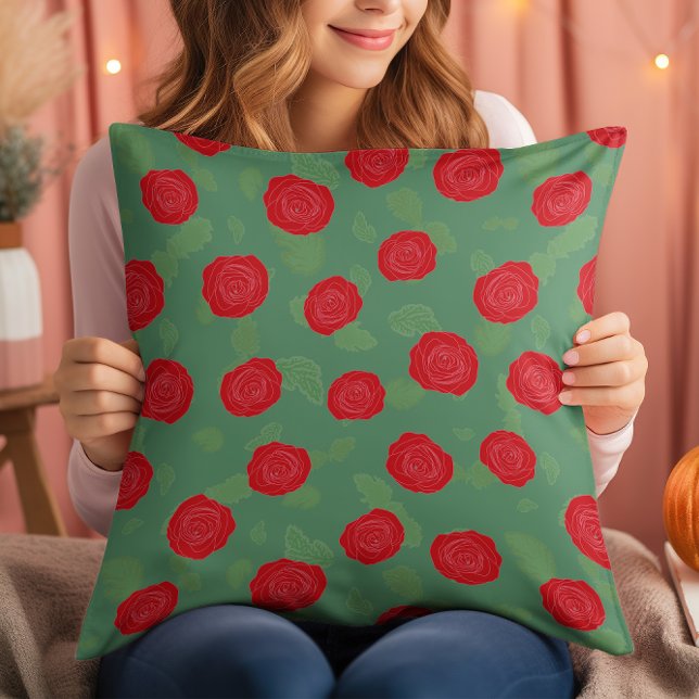 Coussin Jetez De L'Oreiller, Vert Avec Des Roses Rouges. C (Créateur téléchargé)