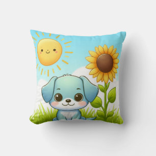 Coussin Jeune chien adorable avec tournesol et soleil sour