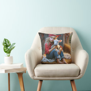 Coussin Jeune Fille Avec Agneau Nouveau-Né