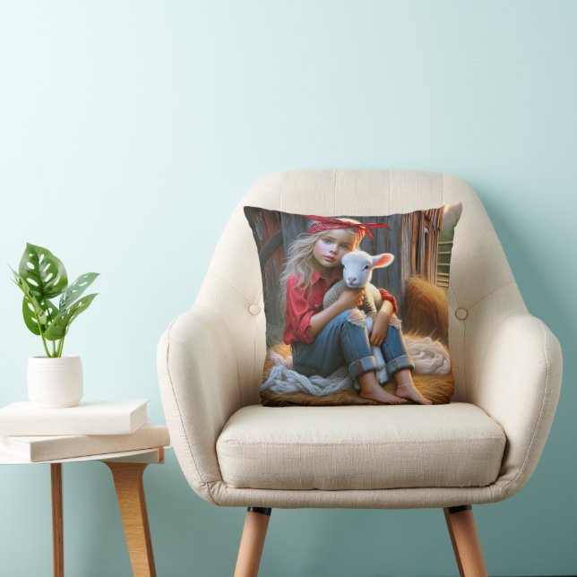 Coussin Jeune Fille Avec Agneau Nouveau-Né (Chaise)