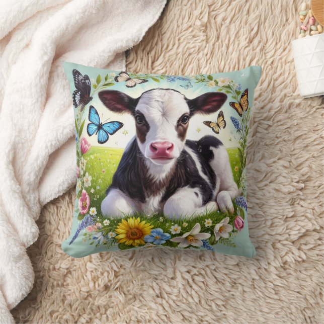 Coussin Jeune veau avec couronne de fleurs et papillons (Couverture)