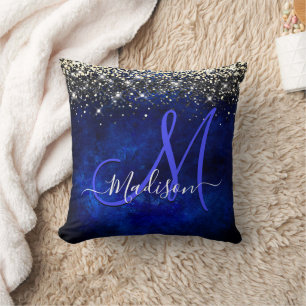 Coussin Joli bleu bleu or faux parties scintillant monogra