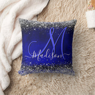 Coussin Joli bleu royal argent faux parties scintillant mo