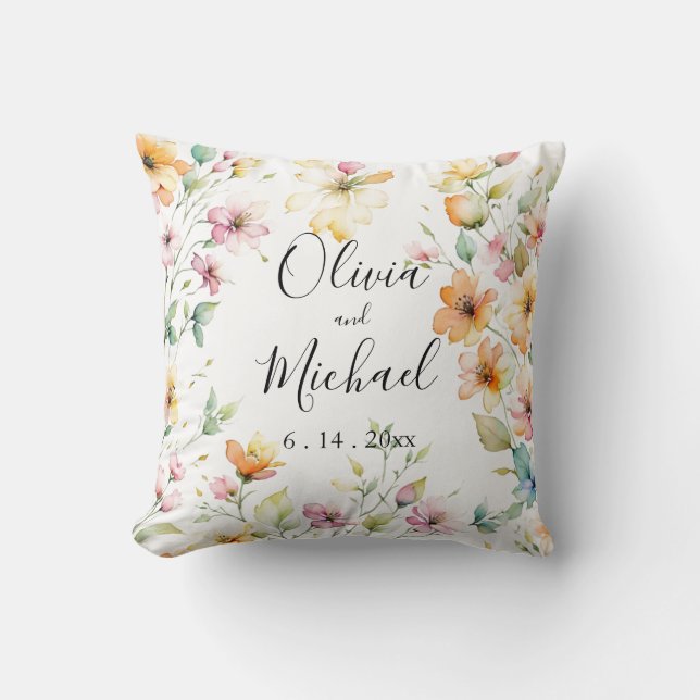 Coussin Joli Boho Orange rose Aquarelle Fleurs sauvages (Recto)