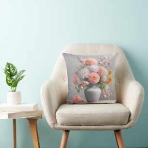 Coussin Joli Bouquet Dahlia En Vase Gris
