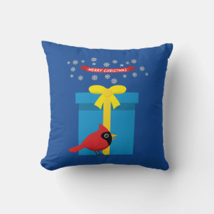 Coussin Joli Cardinal Rouge Avec Cadeau Bleu