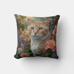 Coussin Joli chat blanc orange dans un jardin fleuri