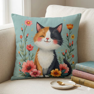 Coussin Joli Chat Calico avec une Esthétique Cottagecore F